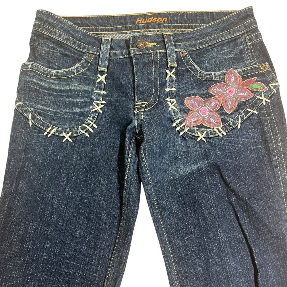 Hudson Bootcut Flared Ankle Jeans Low‎ Waist Wide Leg Floral Appliqué Size 27